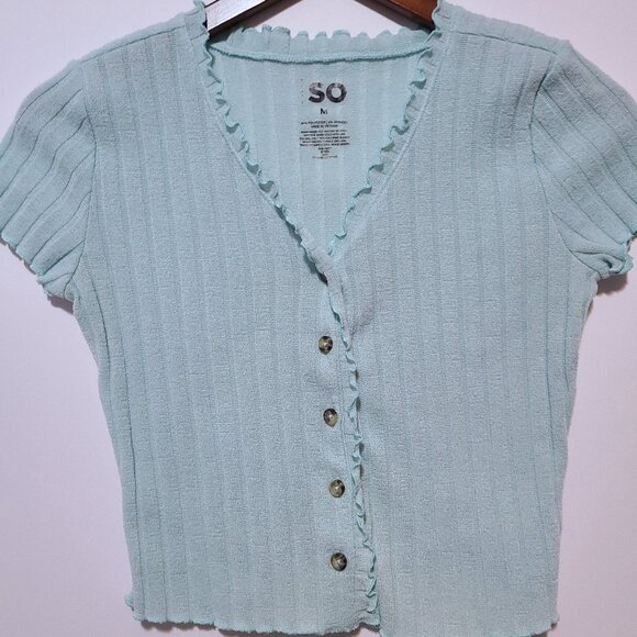 SO JUNIOR LIGHT GREEN RIBBED FITTED CROP CARDIGAN RUFFLE EDGE 5 BUTTON SIZE M - Picture 1 of 5